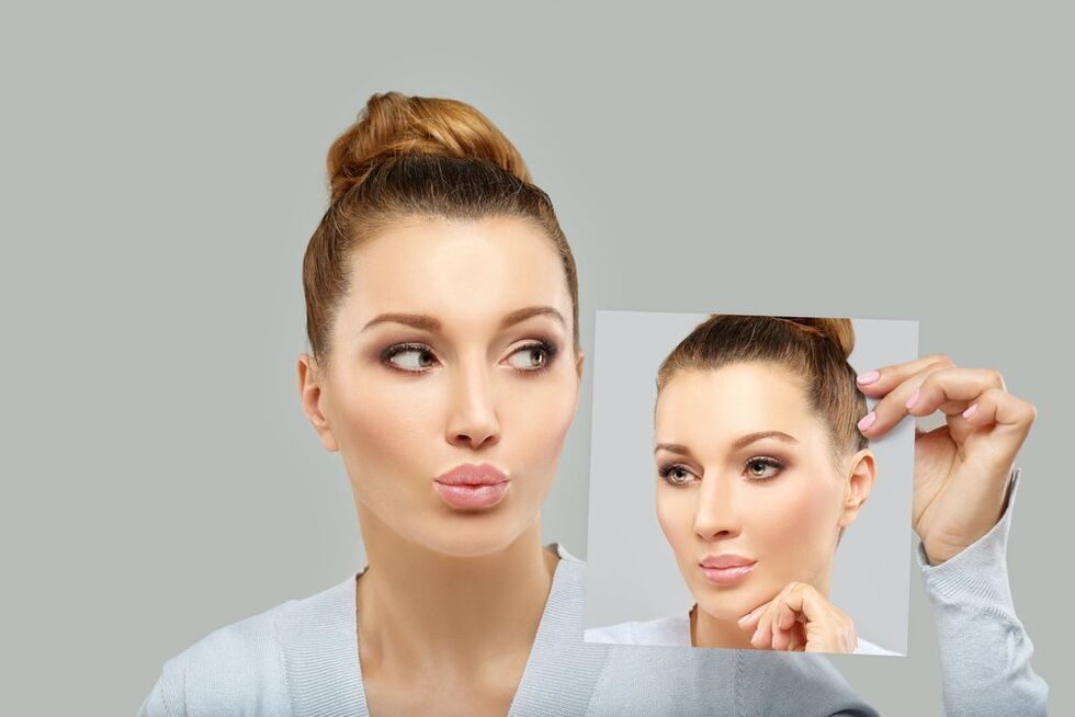 Das Gesicht der Frau vor und nach der Nasenkorrektur
